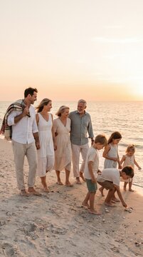 Multi-generational family walks along sandy beach at sunset. Warm golden hour light evokes happiness and peace. Ideal for travel, lifestyle, and family bonding themes.