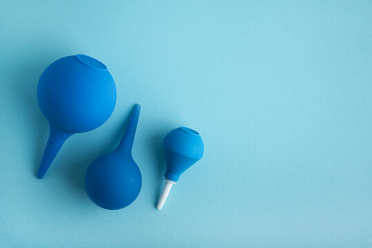 Blue rubber enema bulbs for rectal irrigation and hygiene