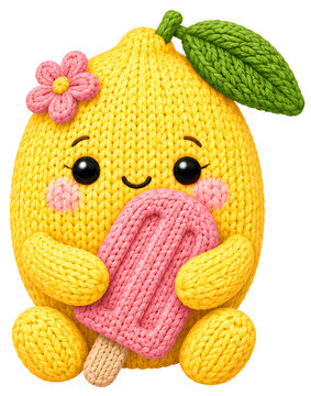 Sweet crochet fruit illustration holding pink popsicle on transparent background delivers cool summer refreshment, featuring a cute knitted lemon character with an ice cream bar for bright nursery pri