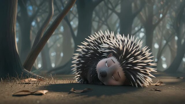 可愛いヤマアラシが乾いた森の端で弱々しく横たわり、やがて眠りにつく様子を捉えた3Dアニメーション。