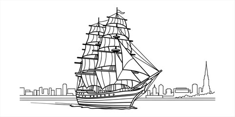 Large sailing ship with many masts and sails moving on the water near a city skyline in a simple black and white line art drawing style illustration © Pabon Art Gallery