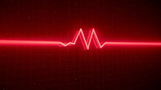 Pulsing on start neon red ECG waveform rising spike, plunging dip over dark grid evoking heartbeat