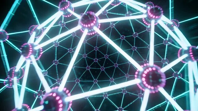 Pulling back camera revealing geodesic sphere rotating in void, exposing magenta nodes and cyan be