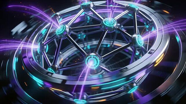 Camera revealing geodesic sphere rotating in metallic ring, pulsing cyan nodes and purple arcs