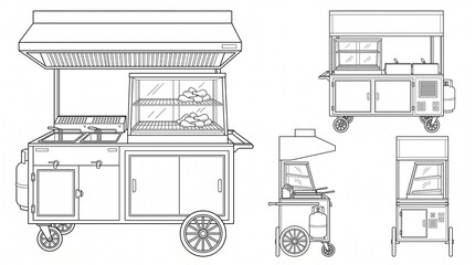 Fototapeta premium Street Food Mobile Fried Chicken Cart Vector Line Art Set with Different Angles