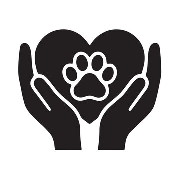 Hands holding a heart with a paw print symbol protection kindness veterinary adoption sympathy affinity