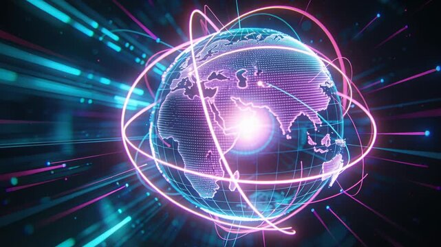 Animating hologram globe rotating in cyberspace, magenta core pulsing, rings orbiting, showing data
