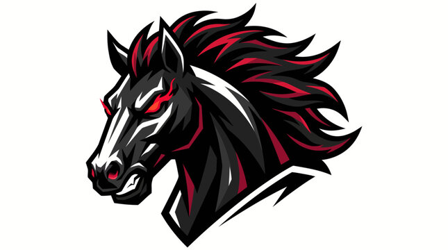 Fierce stallion head logo in black and red sports style