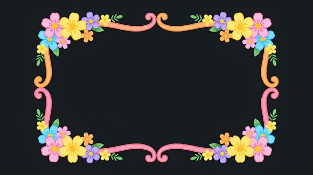 Animated floral border frame with colorful flowers and swirls, pixel art style, perfect for invitations or video overlays