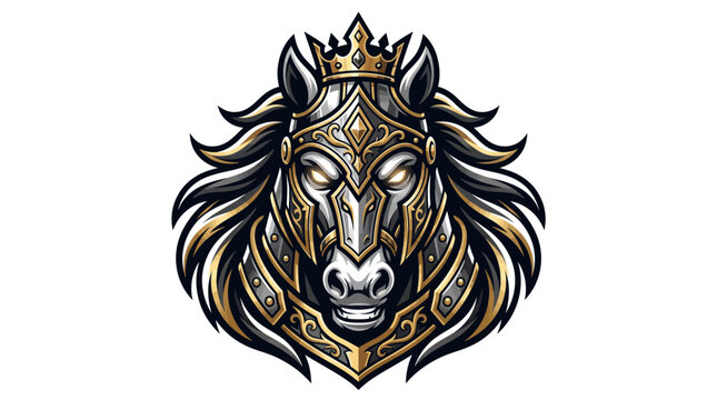 Majestic armored horse wearing a gold crown royal mascot logo