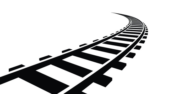 Detailed black and white vector illustration of curved train tracks receding into the distant horizon