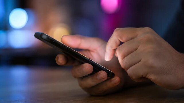 Fingers swiping on smartphone screen with bokeh lights during evening activity