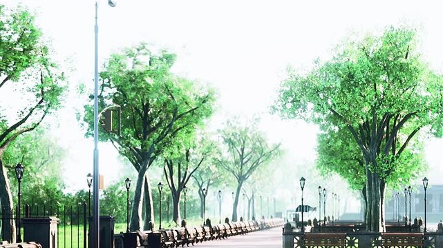 A park has rows of trees on both sides of a pathway. Benches are placed along the path. A traffic light stands on the side. The scene appears bright with sunlight.