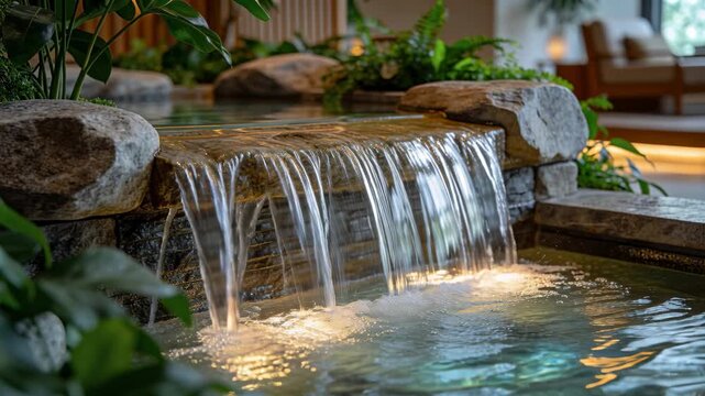 Starting stone cascade sending narrow streams into atrium pool with underwater lights and plants