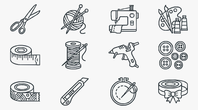 Corporate Set of Black and White Line Art Sewing and Crafting Tools and Accessories with high quality professional line art symbols for modern creative design and digital branding projects