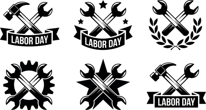 Labor Day vector badge collection with black silhouette icons of crossed wrenches hammers gears and stars for worker holiday