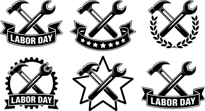 Labor Day vector badge collection with black silhouette icons of crossed wrenches hammers gears and stars for worker holiday