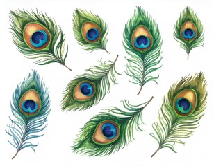 Obraz premium watercolor illustration of peacock feathers collection isolated on white background. peacock feather set watercolor illustration.
