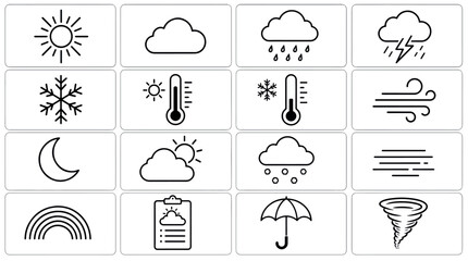 Obraz premium Collection of simple line art icons representing various weather conditions and meteorological.