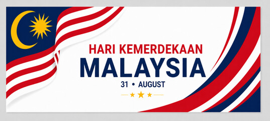 Malaysia Independence Day Banner with National Flag Ribbon and White Background © Mustain