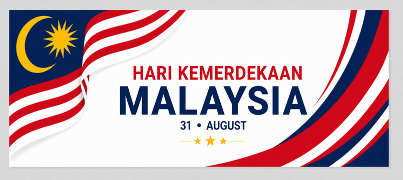 Malaysia Independence Day Banner with National Flag Ribbon and White Background