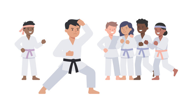 Flat vector illustration of diverse children in a martial arts class practicing karate and judo
