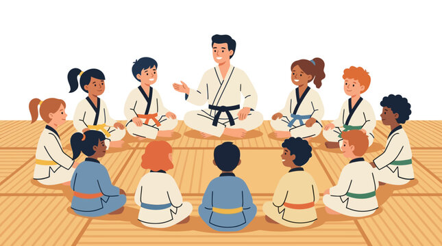 Kids Martial Arts Class Circle with Instructor Illustration
