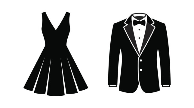 A elegant black dress and formal tuxedo suit icon set presented in flat minimalist vector design