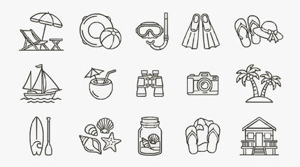 Professional Black and White Line Drawing Set of 15 Iconic Beach and Vacation Themed Illustrations © Serafik
