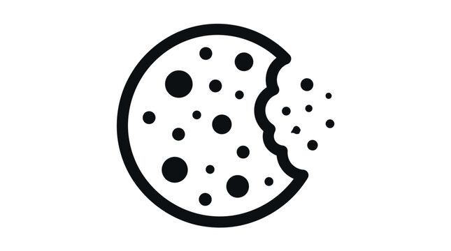 A minimalist black outline vector illustration of a chocolate chip cookie with a single bite