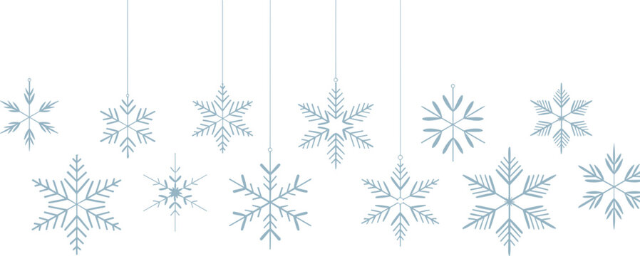 Minimalist winter background with light blue snowflakes hanging on strings isolated on a clean white vector backdrop