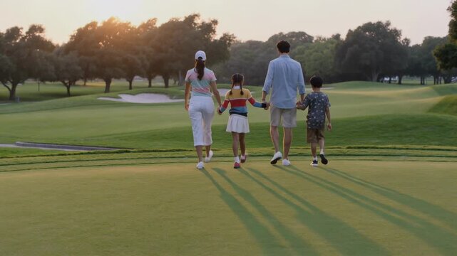 Walking family of four wearing casual golf clothing and white cap holding hands toward fairway