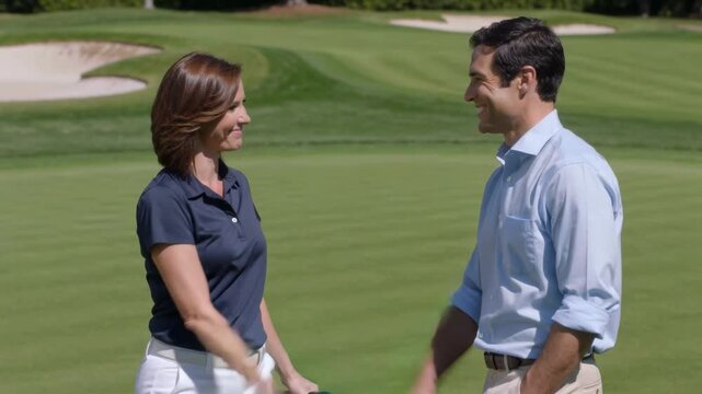 Shaking hands woman in polo approaching, man in blue shirt accepting greeting on green with putter