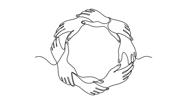 Continuous line drawing of a circle of hands joined together in unity.