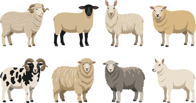 Collection of various sheep and ram breeds isolated on white background in flat vector illustration