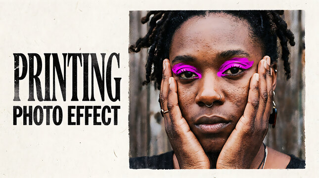 Creative Newspaper Halftone Print Portrait Effect of a Man with Vivid Pink Neon Makeup, Textured Poster Overlay Design