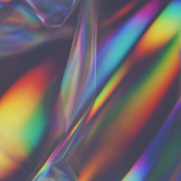 Macro view of holographic diffraction film displaying flowing rainbow colors and spectral reflections under soft studio lighting, creating a refined futuristic abstract background.