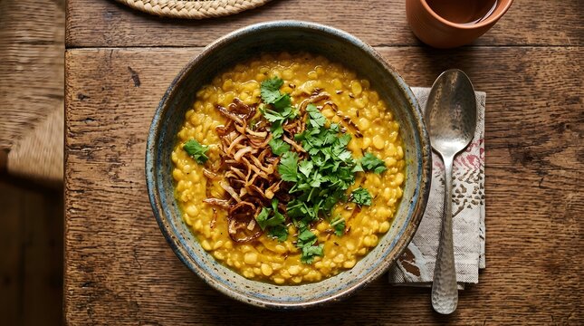 Hearty Indian dal or lentil soup garnished with fried onions and fresh cilantro.