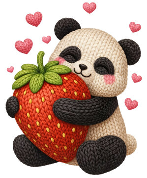 Lovely knitted panda strawberry heart character clipart isolated transparent background delivers adorable animal graphics perfect for children birthday cards and cozy Valentine nursery prints