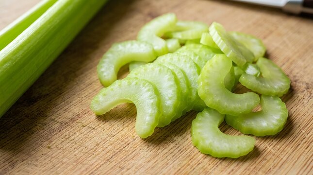 Fresh sliced celery stalks arranged on rustic wooden kitchen cutting board.