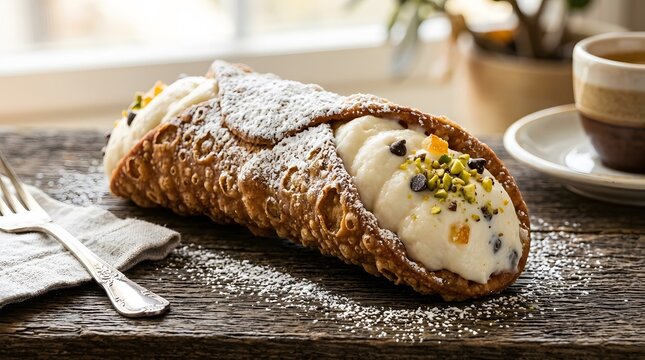 Classic sicilian cannolo filled with sweet ricotta cream pistachios and chocolate chips.