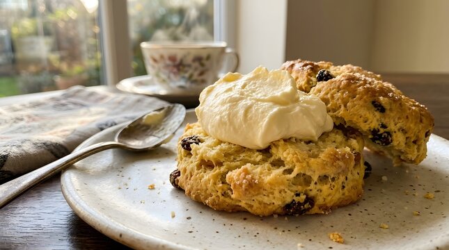 Traditional fruit scone with thick clotted cream on ceramic plate with tea cup background.