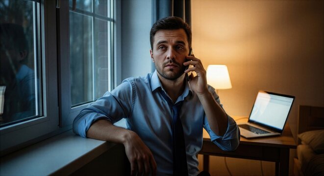 Burned out office worker answers phone beside bedroom window at night, showing remote work overload, insomnia and inability to fully rest.