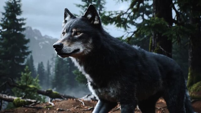 Walking dark-furred wolf sensing scent on wind, lifting head among mossy evergreen trunks