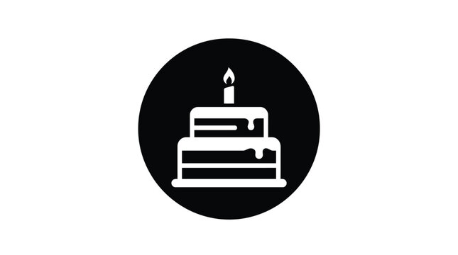 Minimalist white birthday cake icon with a single burning candle inside a bold black circle