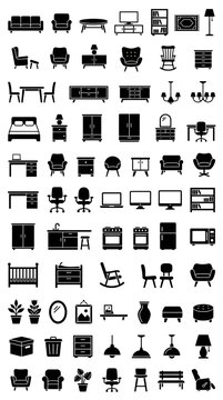 Collection of Furniture and Home Decor Icons, Vector Silhouettes