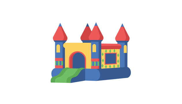 Colorful inflatable bouncy house castle with a slide for children entertainment in a sunny park setting.