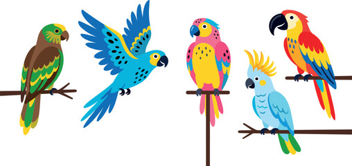 Colorful tropical parrots vector illustration set featuring macaw cockatoo parakeet and exotic jungle birds isolated on white background. © Monisa