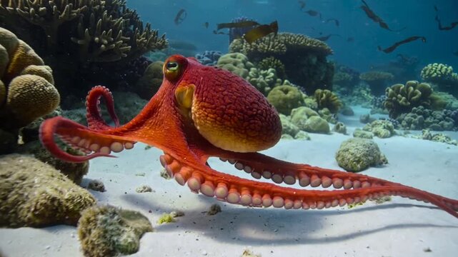 Surveying reef, red-orange octopus unfurling arms and gliding right on sandy seabed near coral