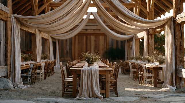 Wide reception barn interior before guests arrive, long farm tables set with linen runners, wildflower centerpieces, and mismatched vintage chairs in a golden-houred space with